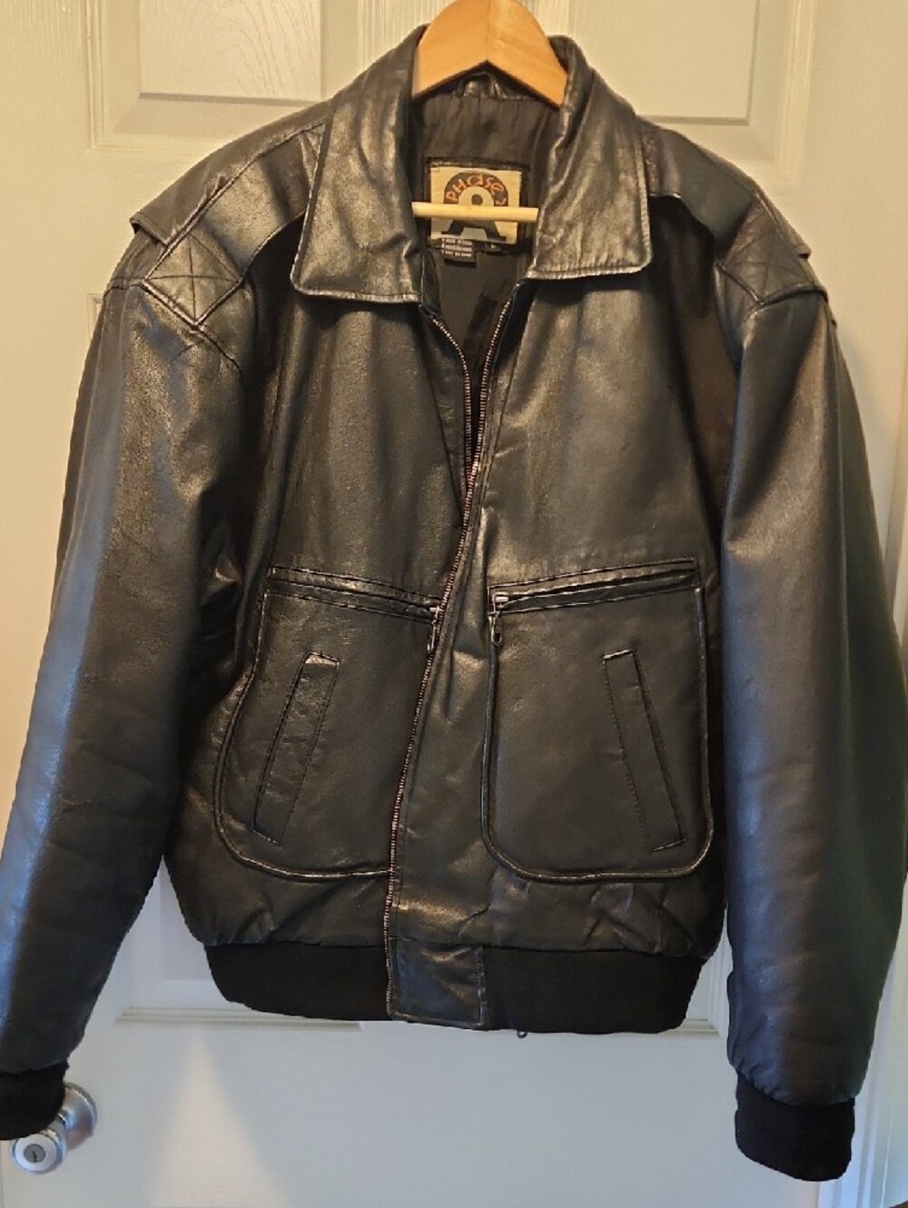 Black Leather Bomber Jacket with Zip Pockets - Picture 2 of 15